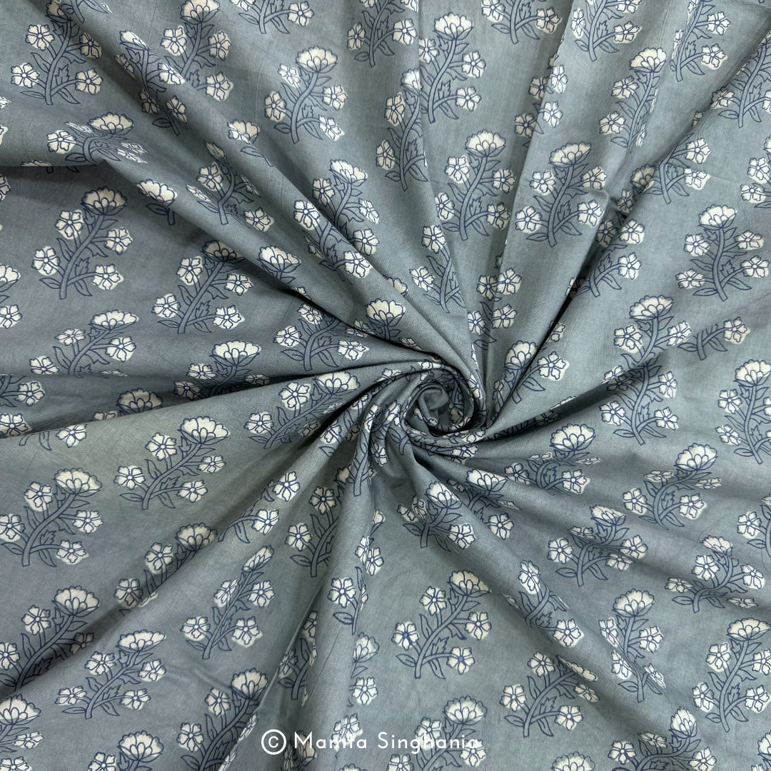 Grey Floral Ajrakh Printed Cotton Fabric