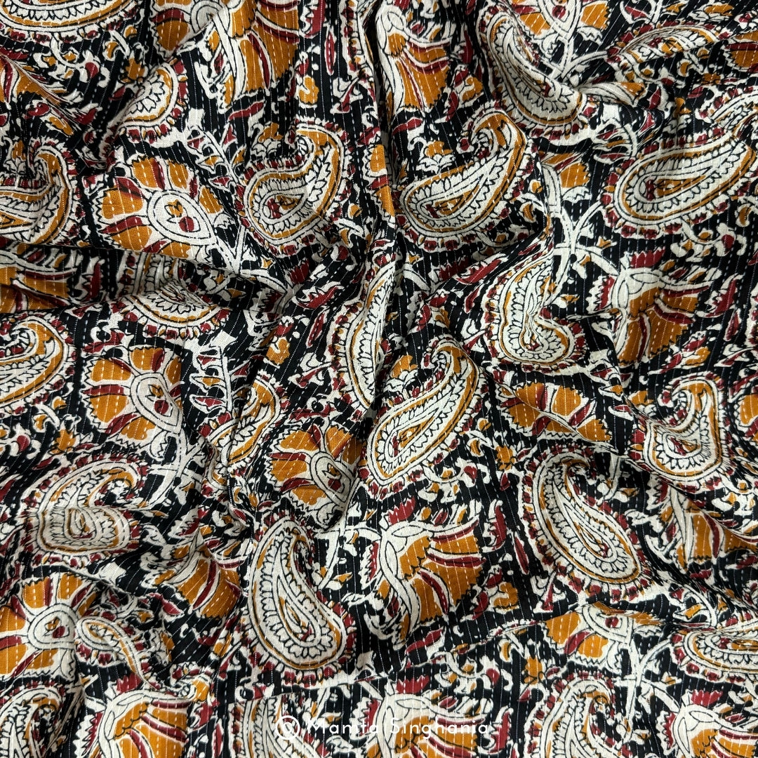 Cream Paisley Printed Kantha Cotton Fabric