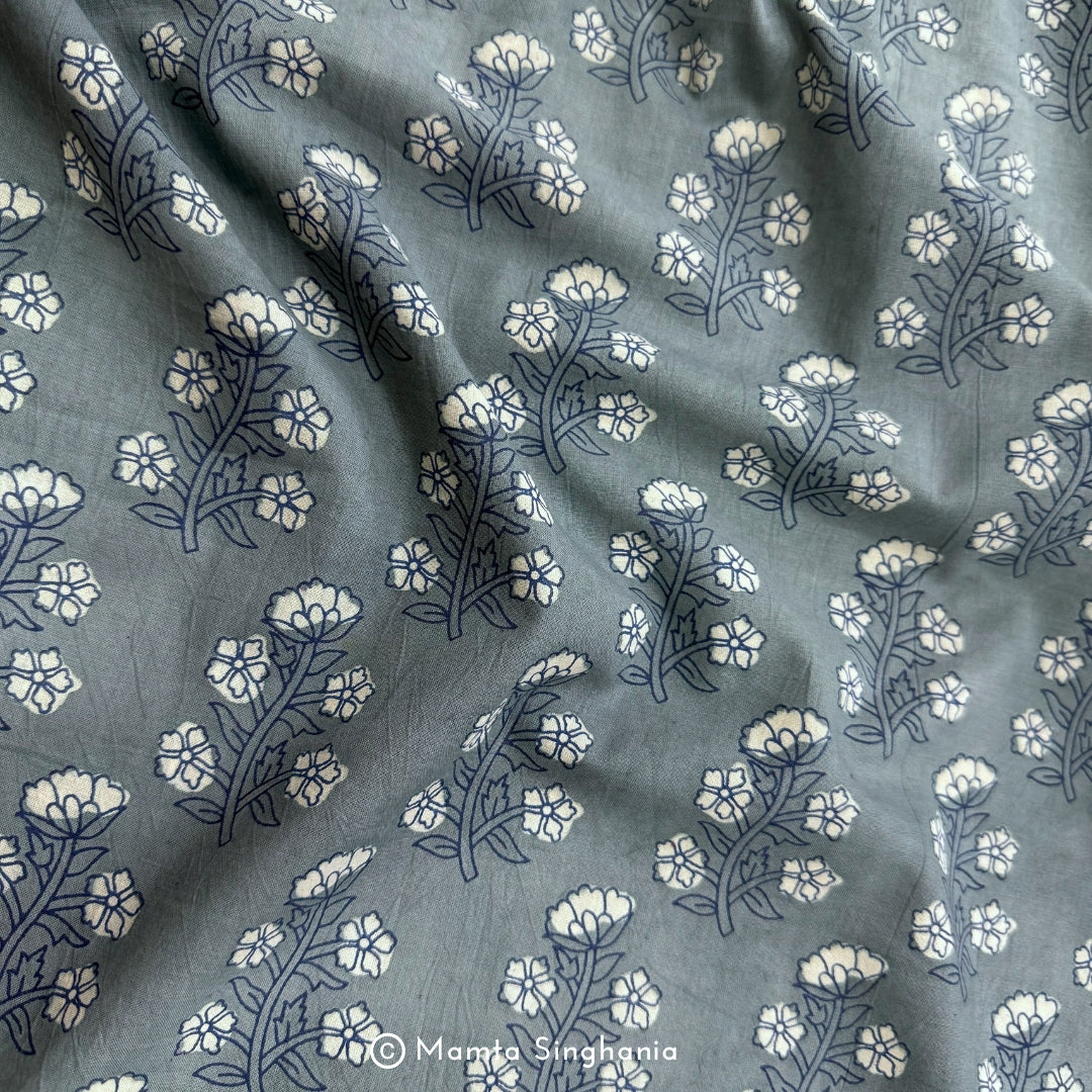 Grey Floral Ajrakh Printed Cotton Fabric