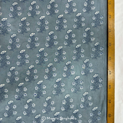 Grey Floral Ajrakh Printed Cotton Fabric