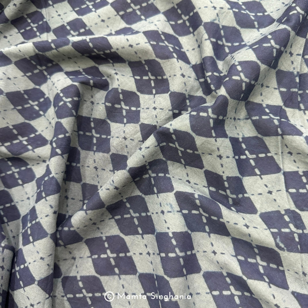 Blue Grey Geometric Ajrakh Printed Cotton Fabric