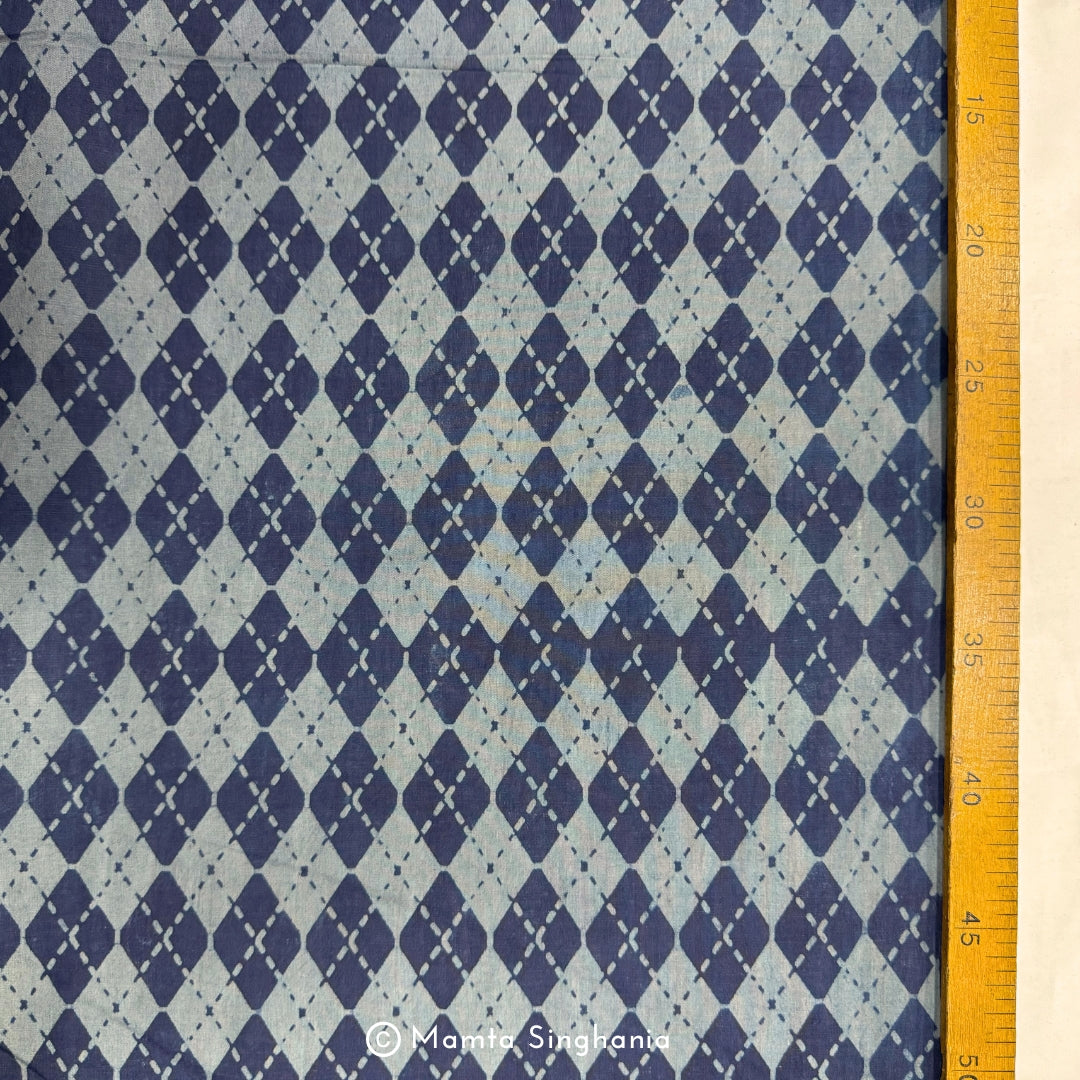 Blue Grey Geometric Ajrakh Printed Cotton Fabric