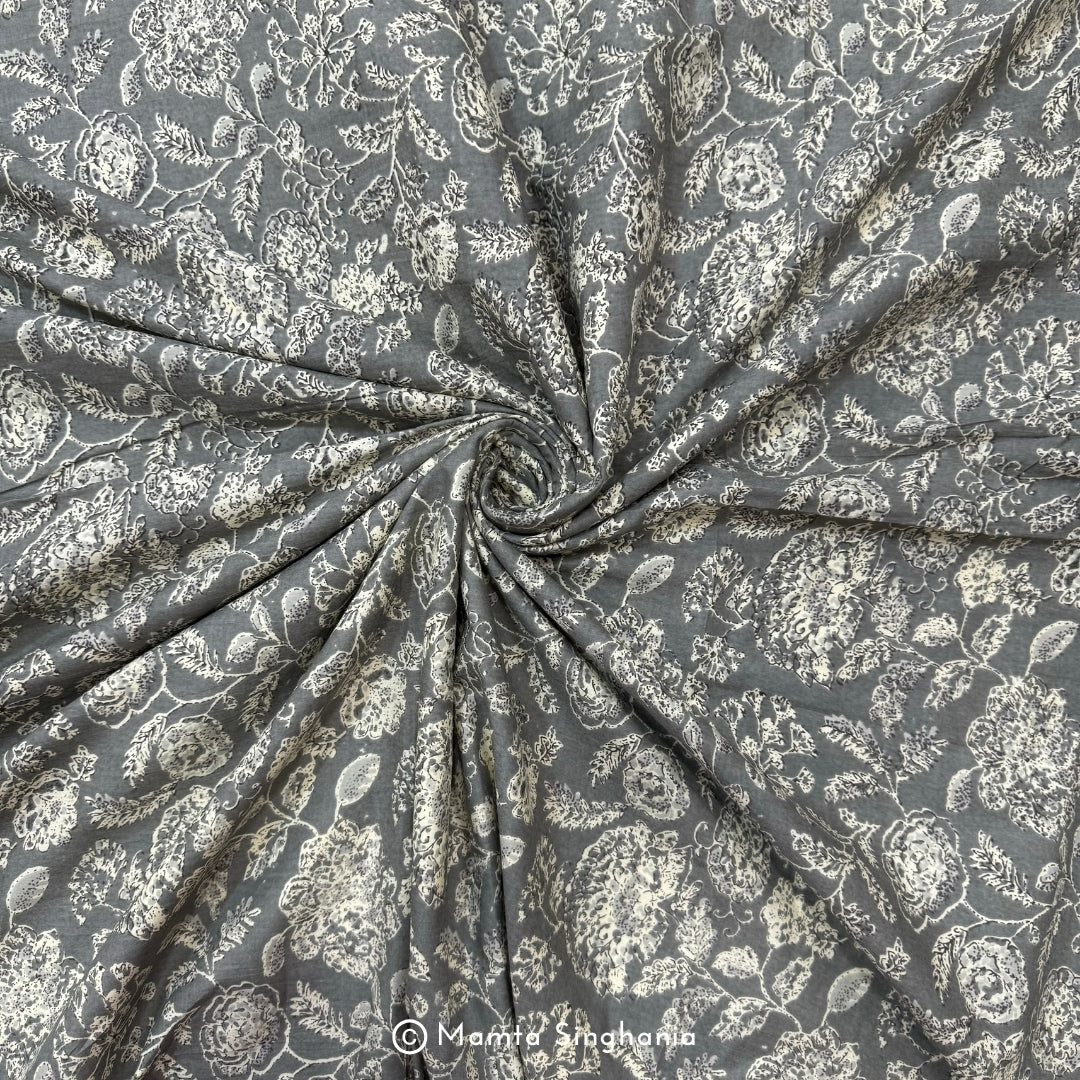 Grey Floral Printed Cotton Fabric