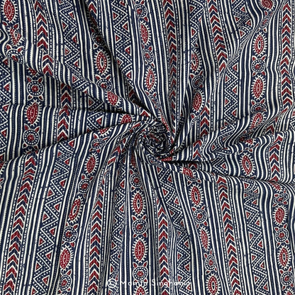 Blue Red Geometric Printed Kantha Cotton Fabric