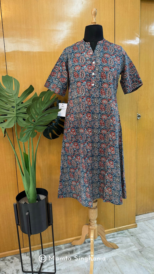 Blue Printed Cotton A-line Kurti