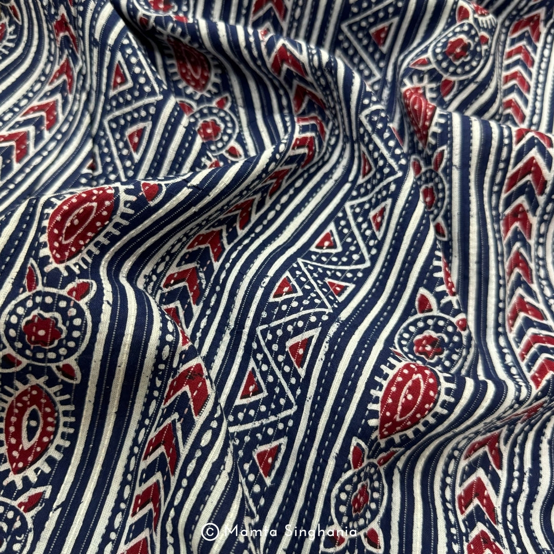 Blue Red Geometric Printed Kantha Cotton Fabric