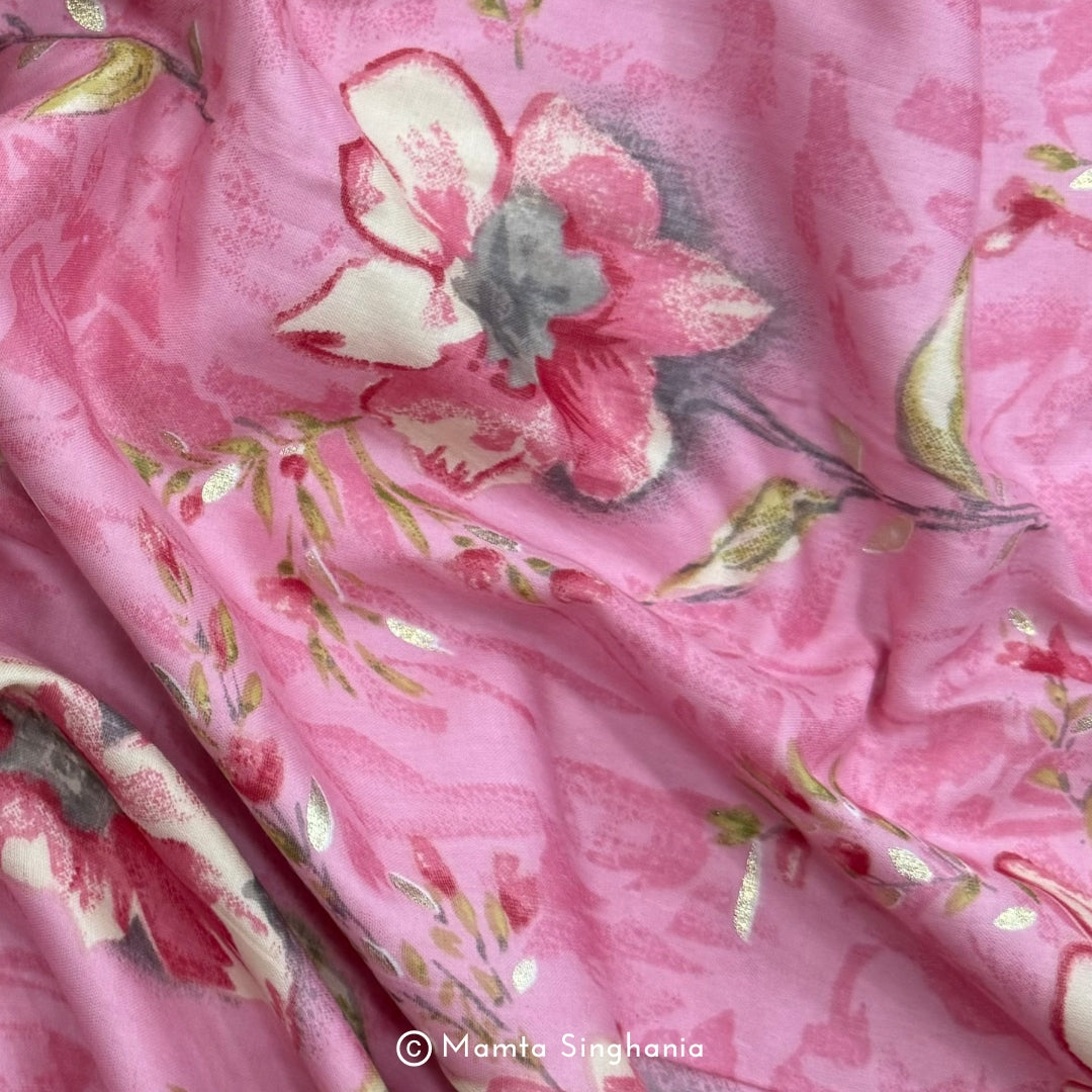 Floral Foil Printed Mulmul Cotton Fabric