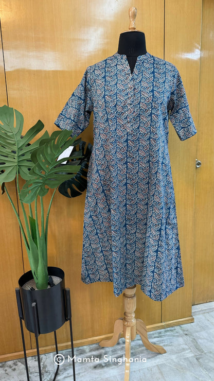 Blue Printed Cotton A-line Kurti