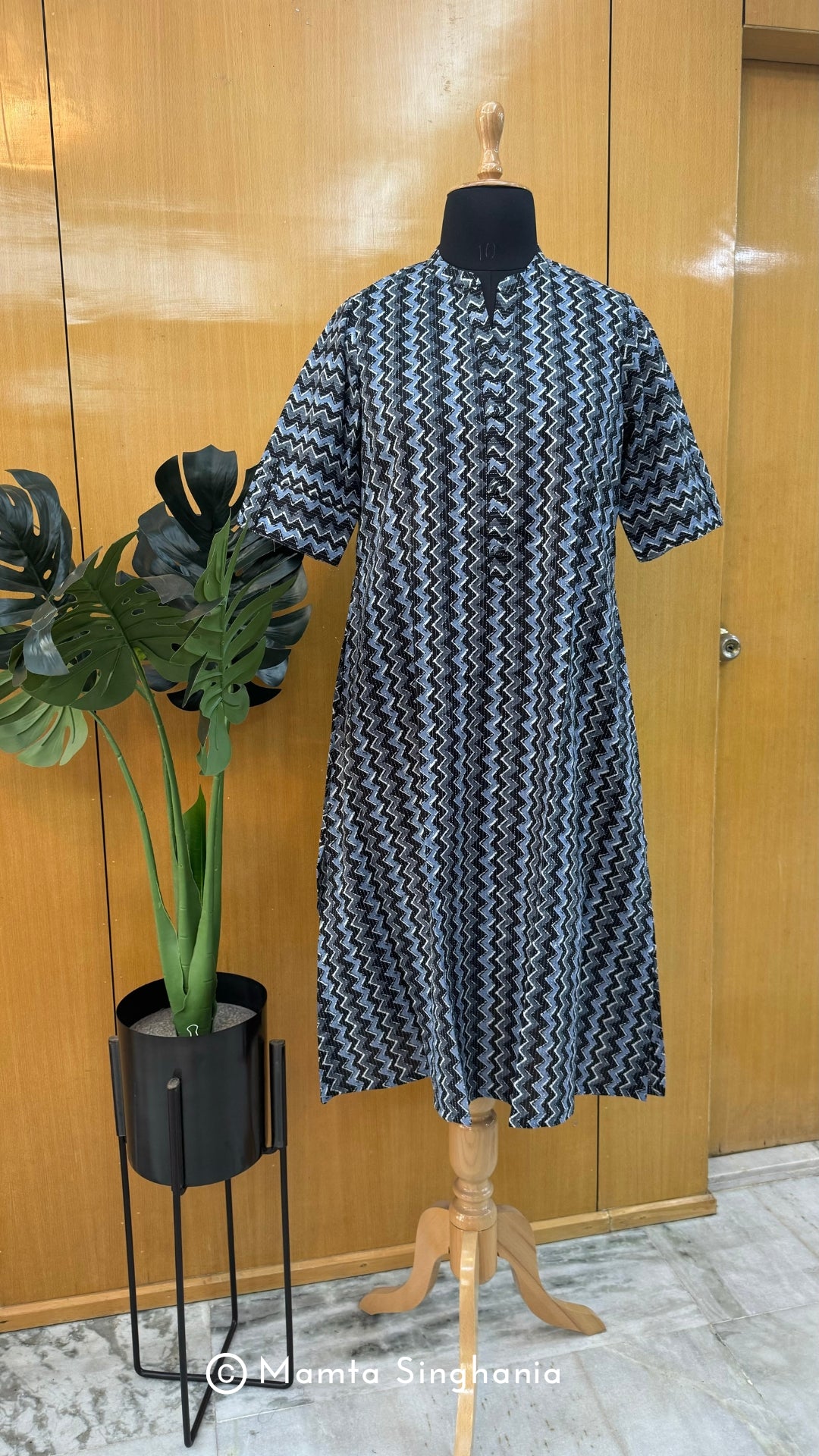 Black Blue Chevron Printed Kantha A-line Kurti