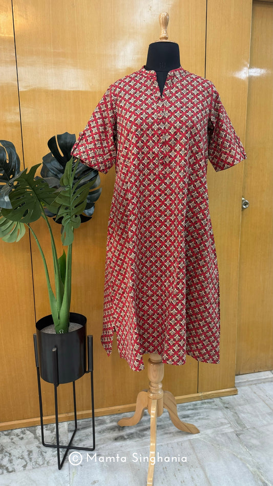 Red Geometric Printed Kantha A-line Kurti