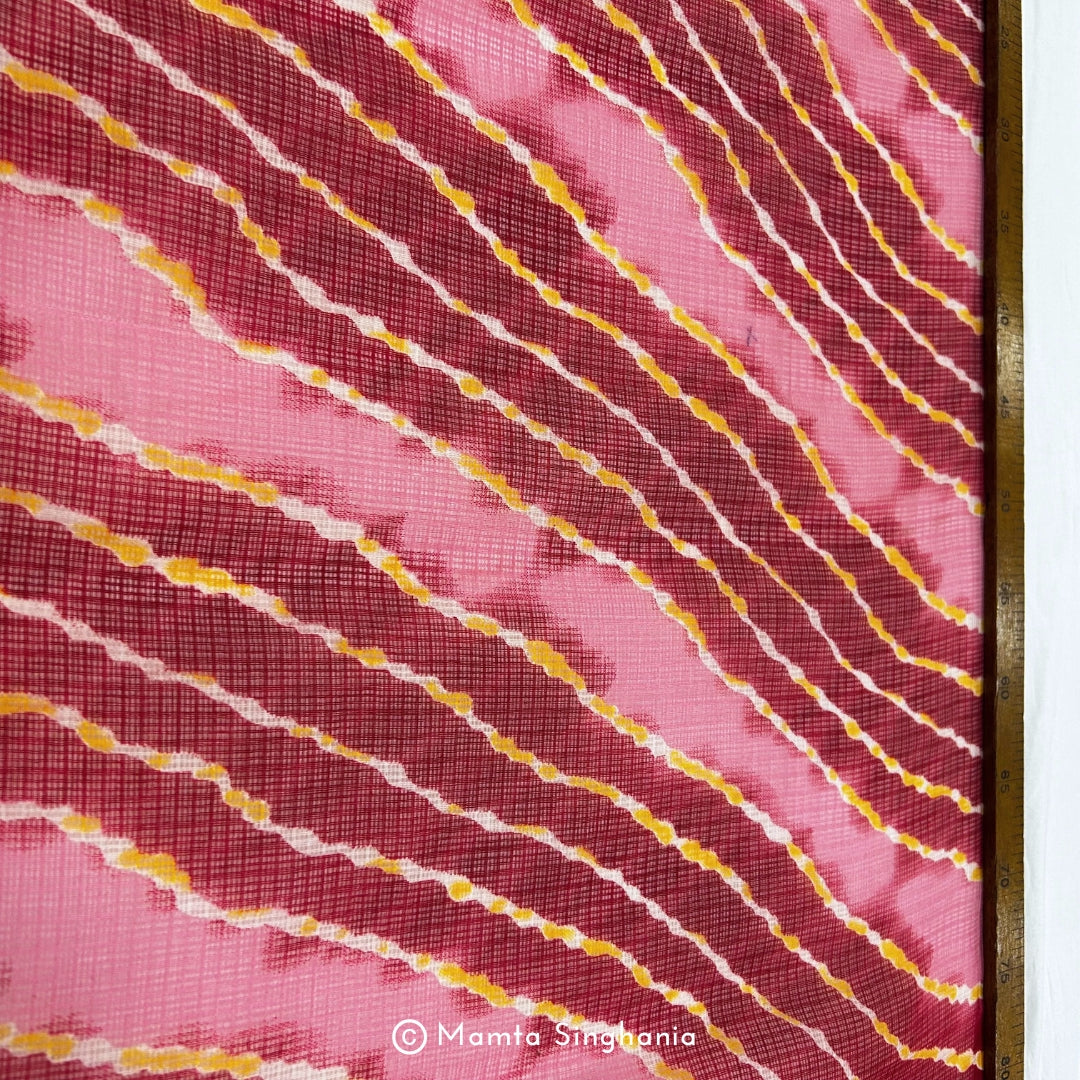 Red Pink Leheriya Printed Kota Doria Fabric