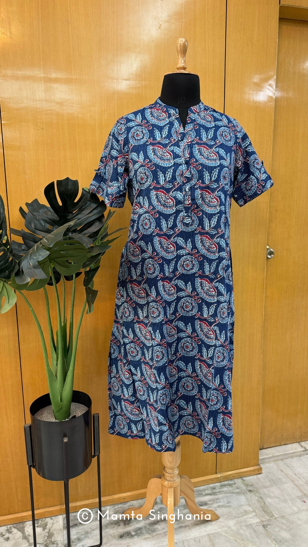 Blue Red Printed Floral Kantha A-line Kurti