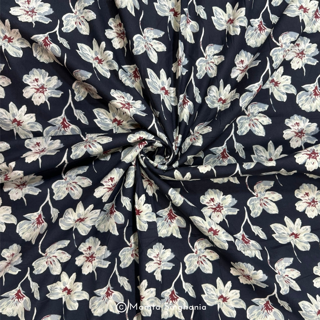 Black Floral Printed Cotton Fabric