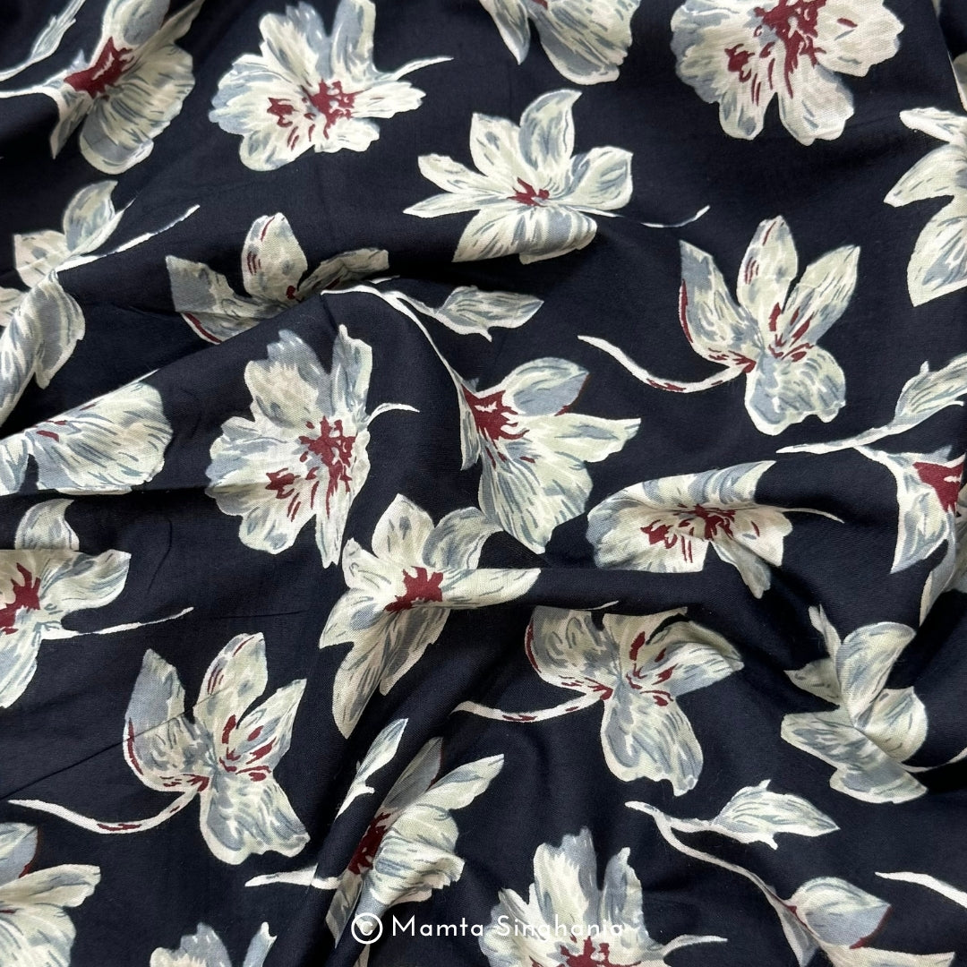 Black Floral Printed Cotton Fabric