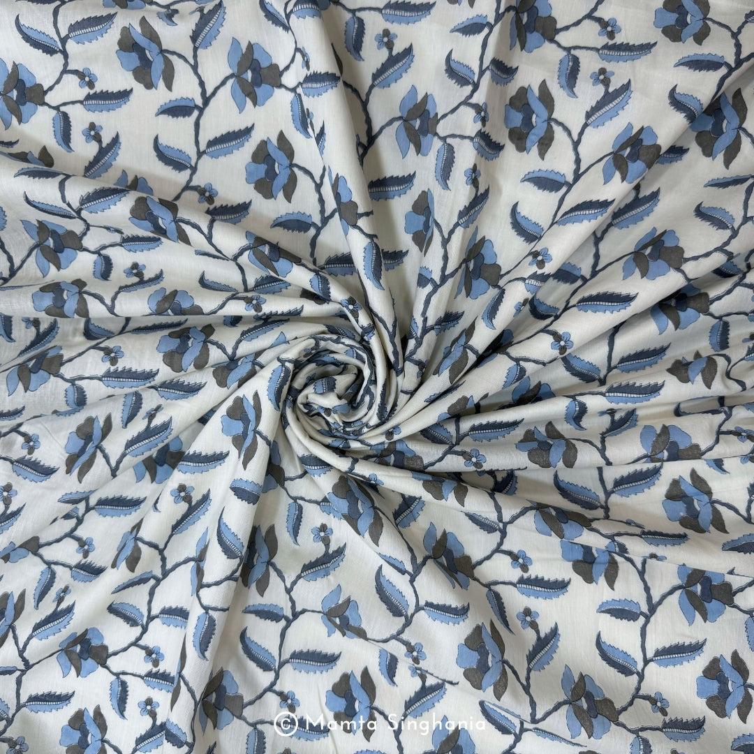 Blue Leaf Printed Cotton Fabric