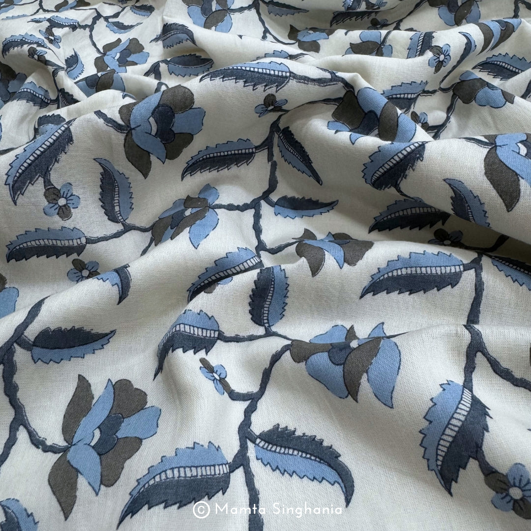 Blue Leaf Printed Cotton Fabric