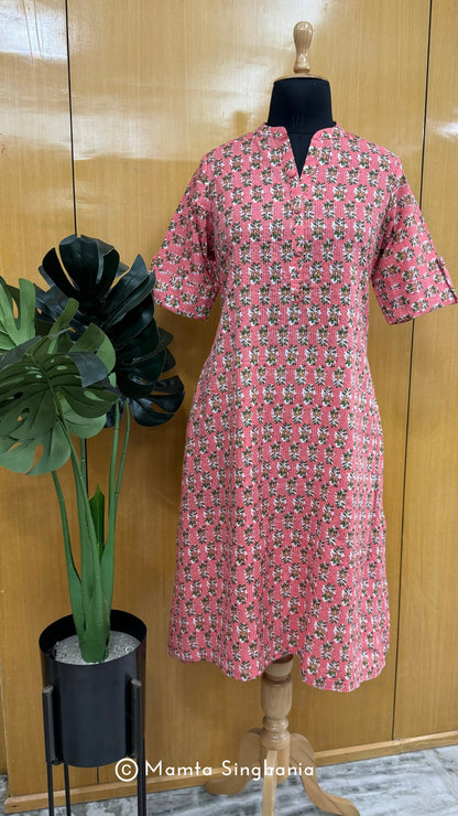 Pink Printed Kantha A-line Kurti