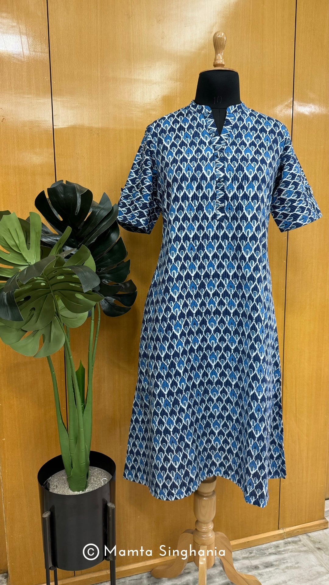 Blue Printed Kantha A-line Kurti