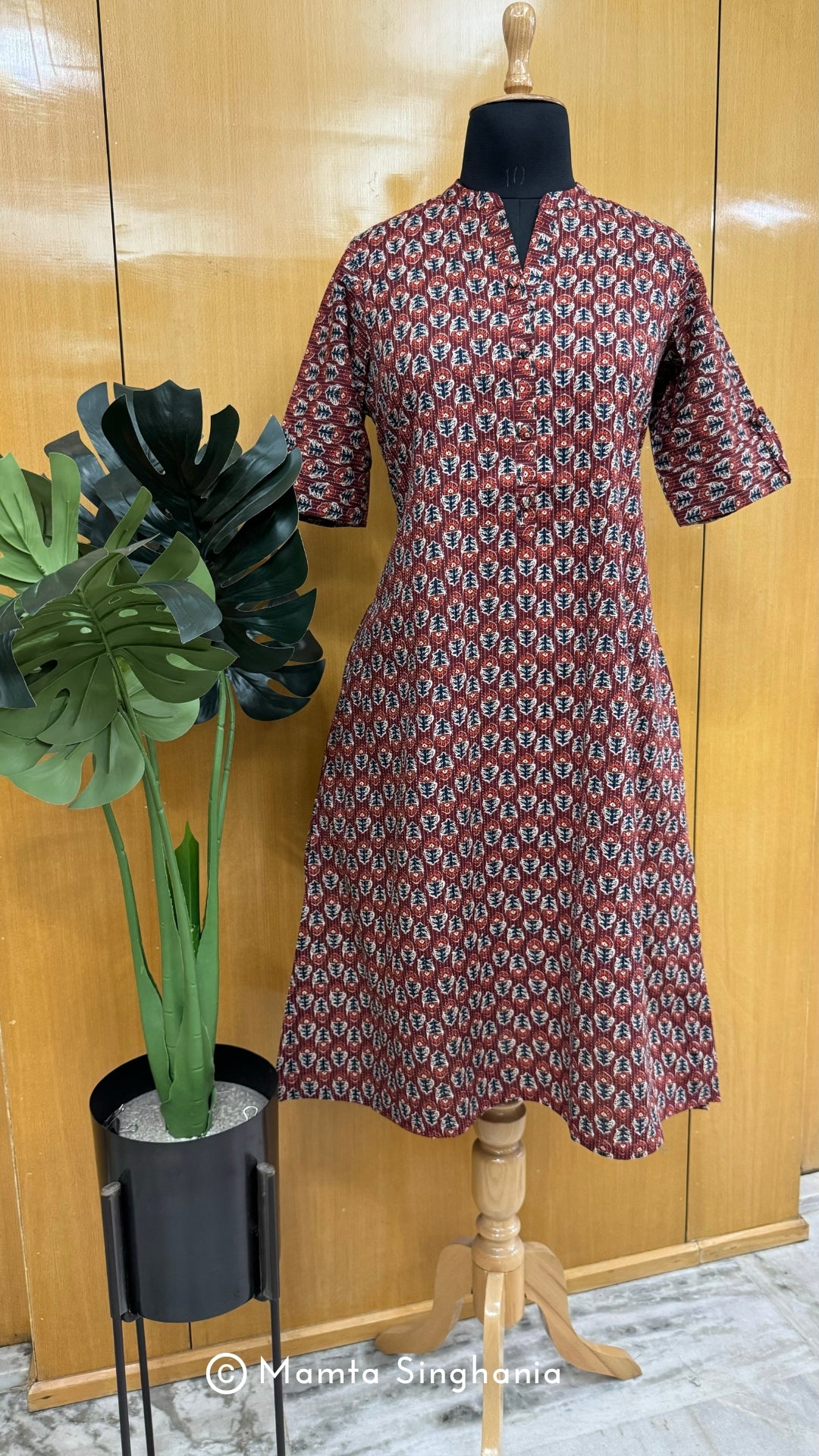 Maroon Printed Kantha A-line Kurti