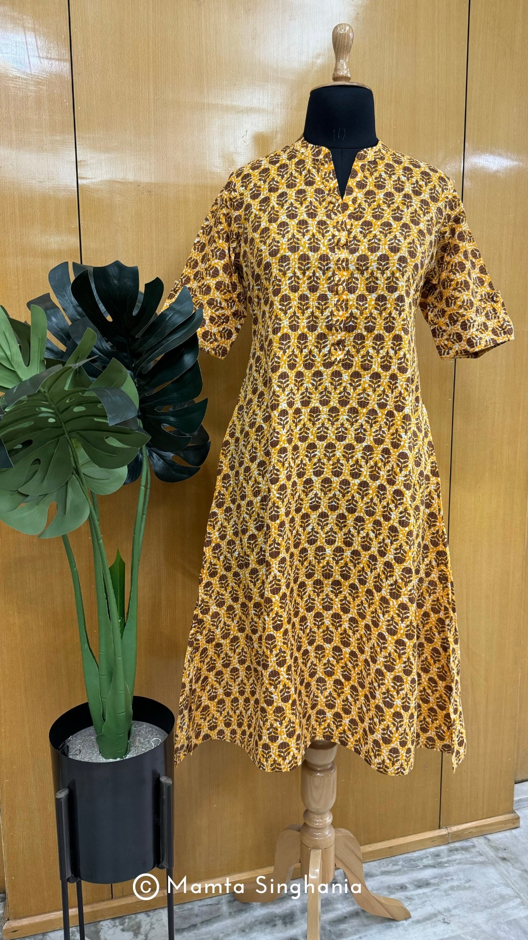 Yellow Floral Printed Kantha A-line Kurti