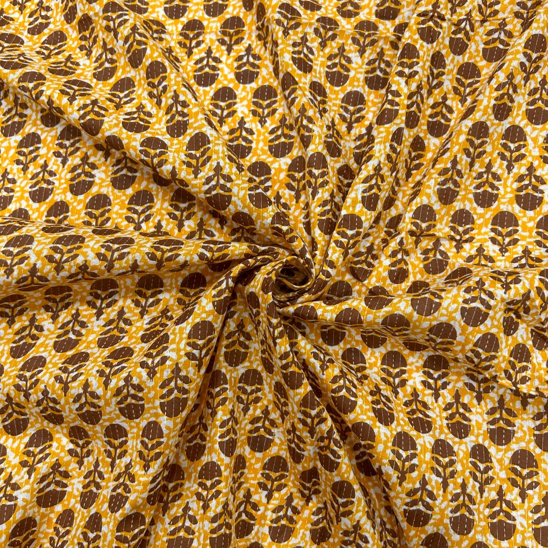 Yellow Floral Printed Kantha A-line Kurti