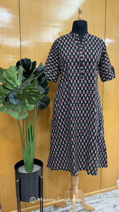 Black Printed Kantha A-line Kurti