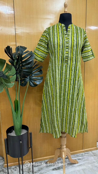 Green Printed Kantha A-line Kurti