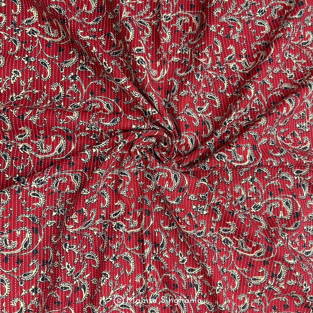 Red Paisley Printed Kantha Cotton Fabric