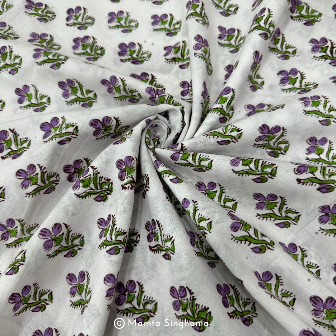 Periwinkle Flower Hand-Block Printed Cotton Fabric