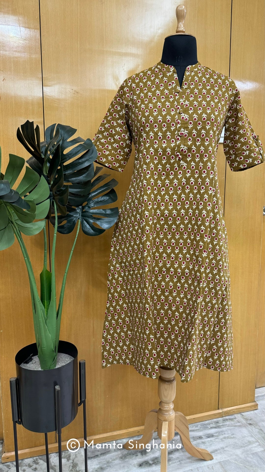 Mustard Printed Kantha A-line Kurti