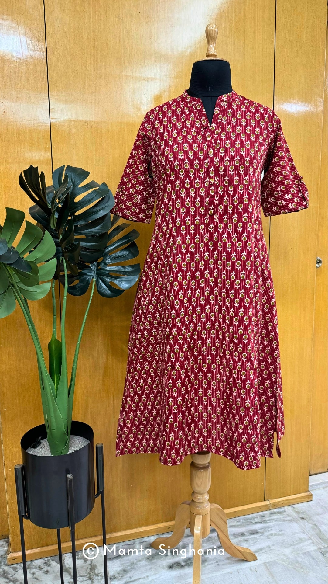 Red Printed Kantha A-line Kurti