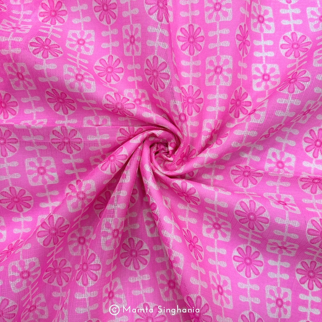 Pink Floral Printed Kota Doria Fabric