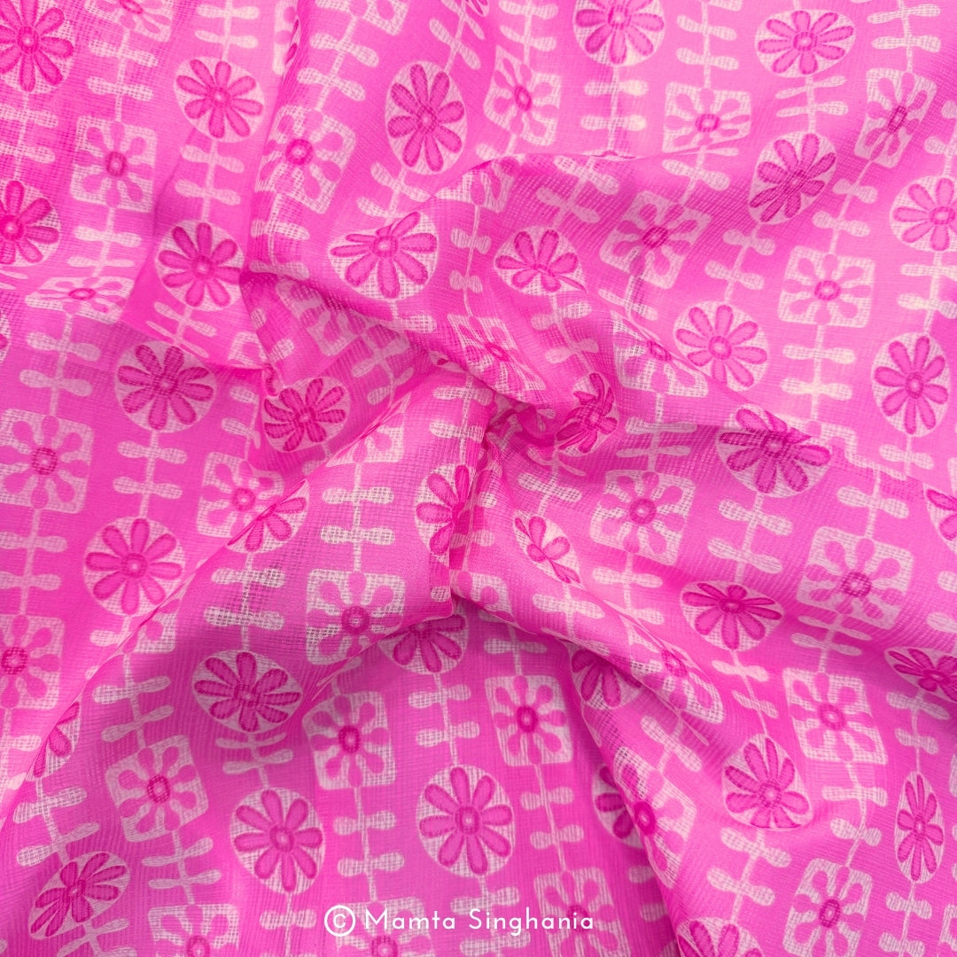 Pink Floral Printed Kota Doria Fabric