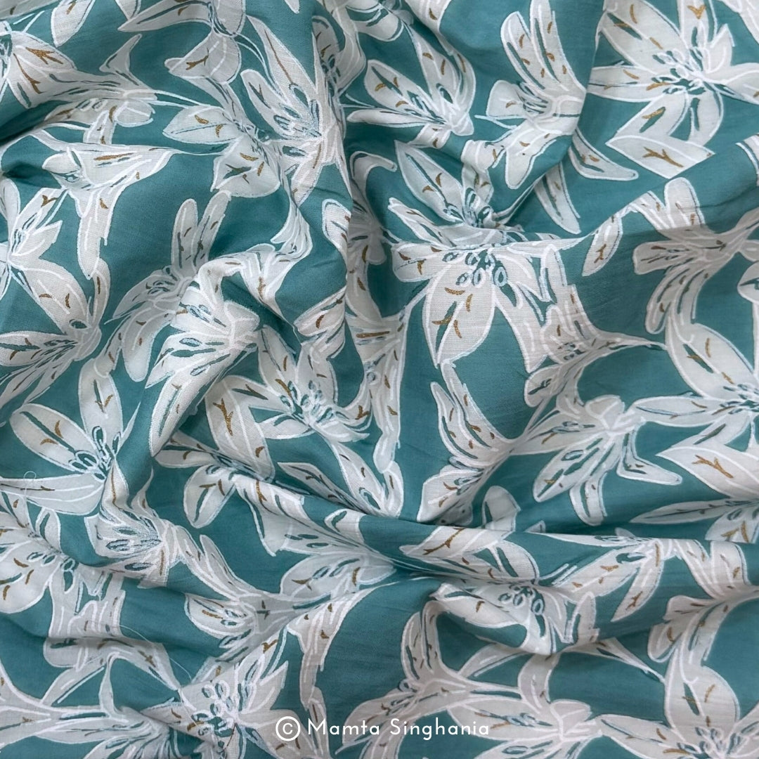 Sky Blue Floral Printed Cotton Fabric