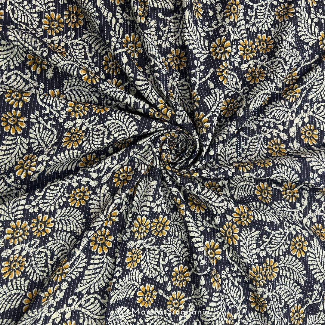 Blue & Chrome Yellow Floral Printed Kantha Cotton Fabric