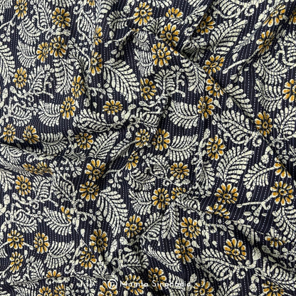 Blue & Chrome Yellow Floral Printed Kantha Cotton Fabric