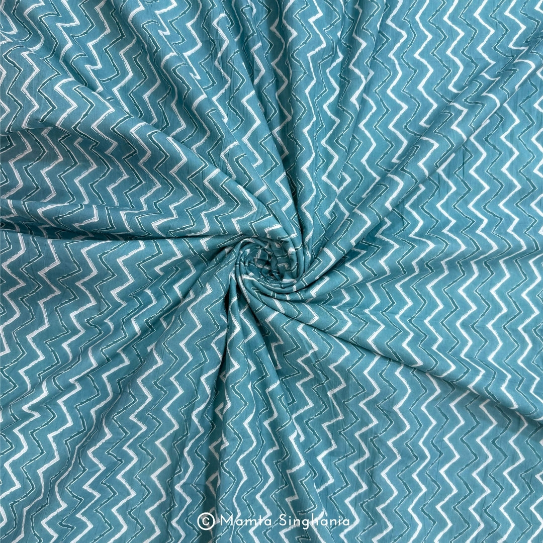 Sky Blue Zig-Zag Printed Cotton Fabric