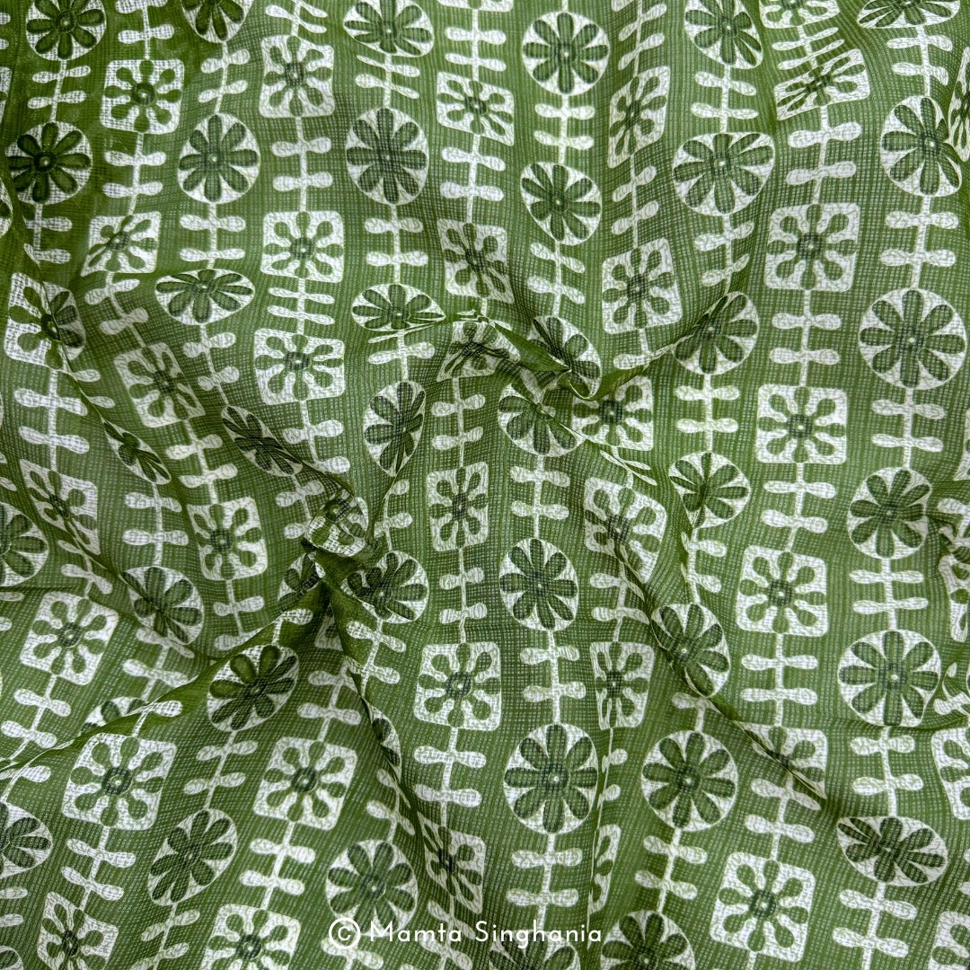 Green Floral Printed Kota Doria Fabric