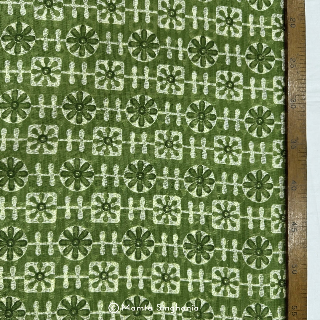 Green Floral Printed Kota Doria Fabric