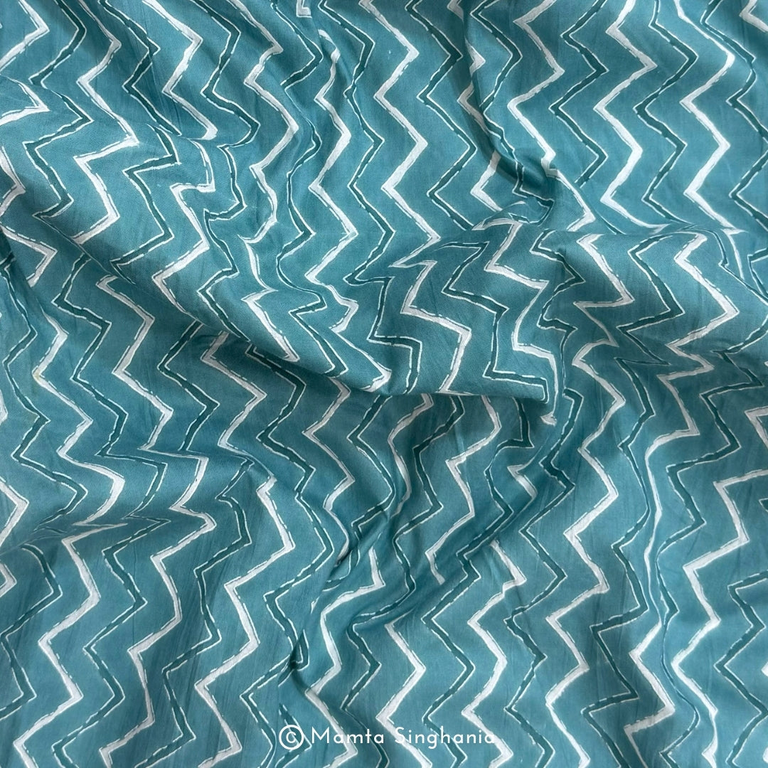 Sky Blue Zig-Zag Printed Cotton Fabric