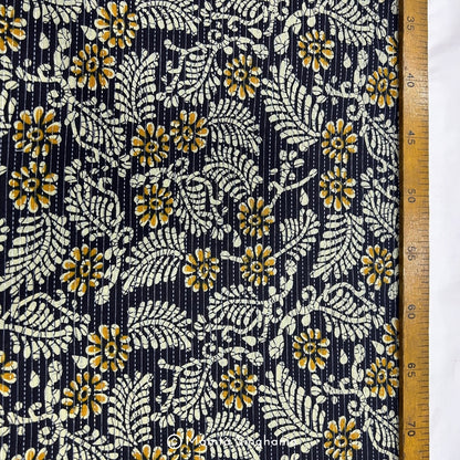 Blue & Chrome Yellow Floral Printed Kantha Cotton Fabric