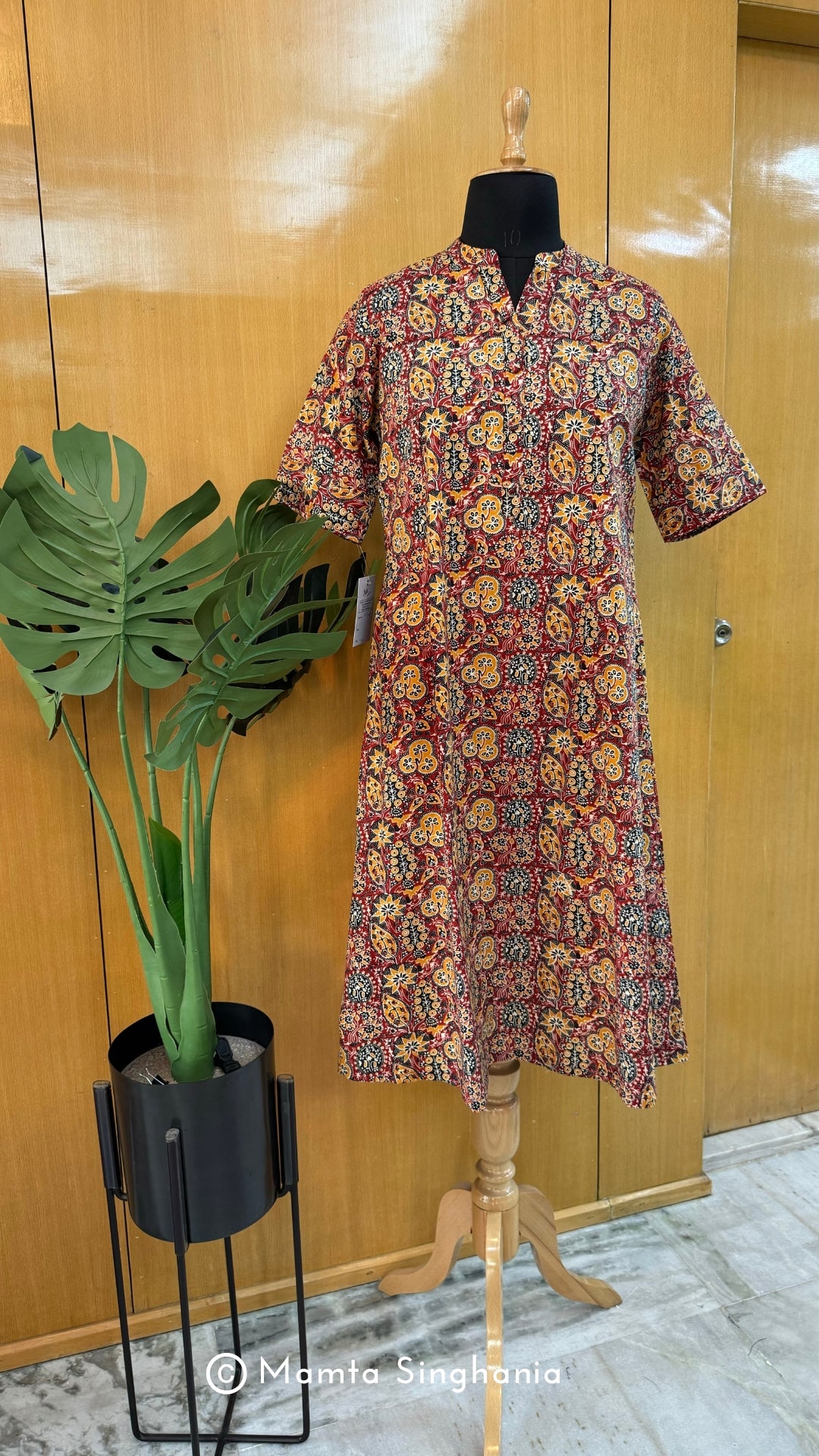 Red Printed Cotton A-line Kurti