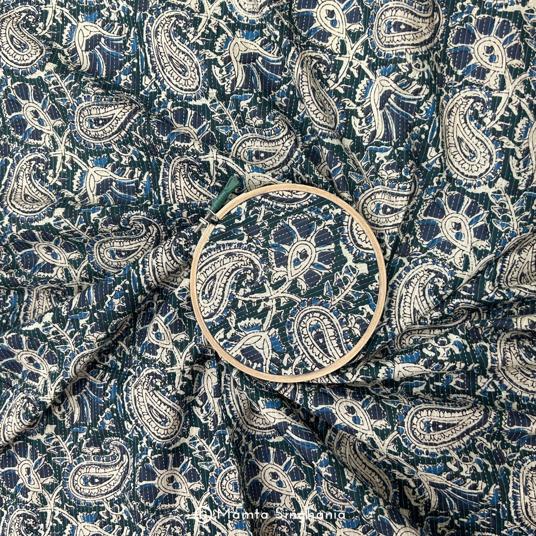 Cream Paisley Printed Kantha Cotton Fabric