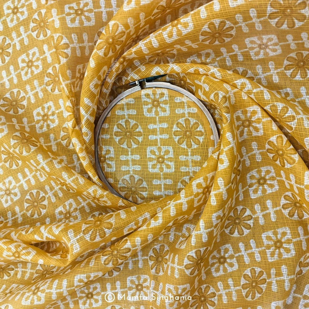 Yellow Floral Printed Kota Doria Fabric