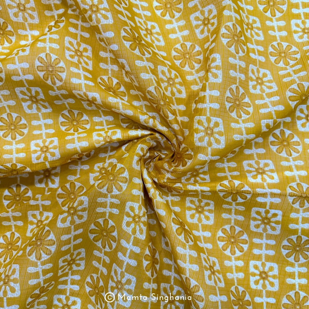 Yellow Floral Printed Kota Doria Fabric