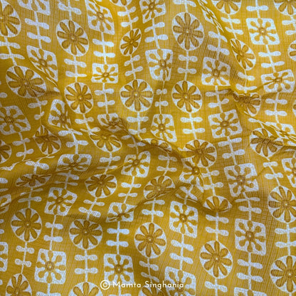 Yellow Floral Printed Kota Doria Fabric