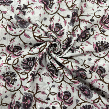 Purple Pink Floral Hand-Block Printed Cotton Fabric