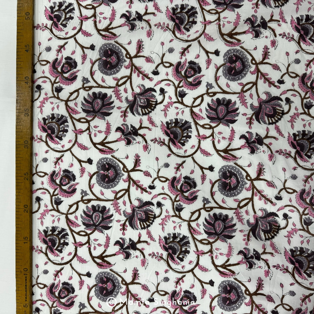 Purple Pink Floral Hand-Block Printed Cotton Fabric