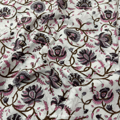 Purple Pink Floral Hand-Block Printed Cotton Fabric