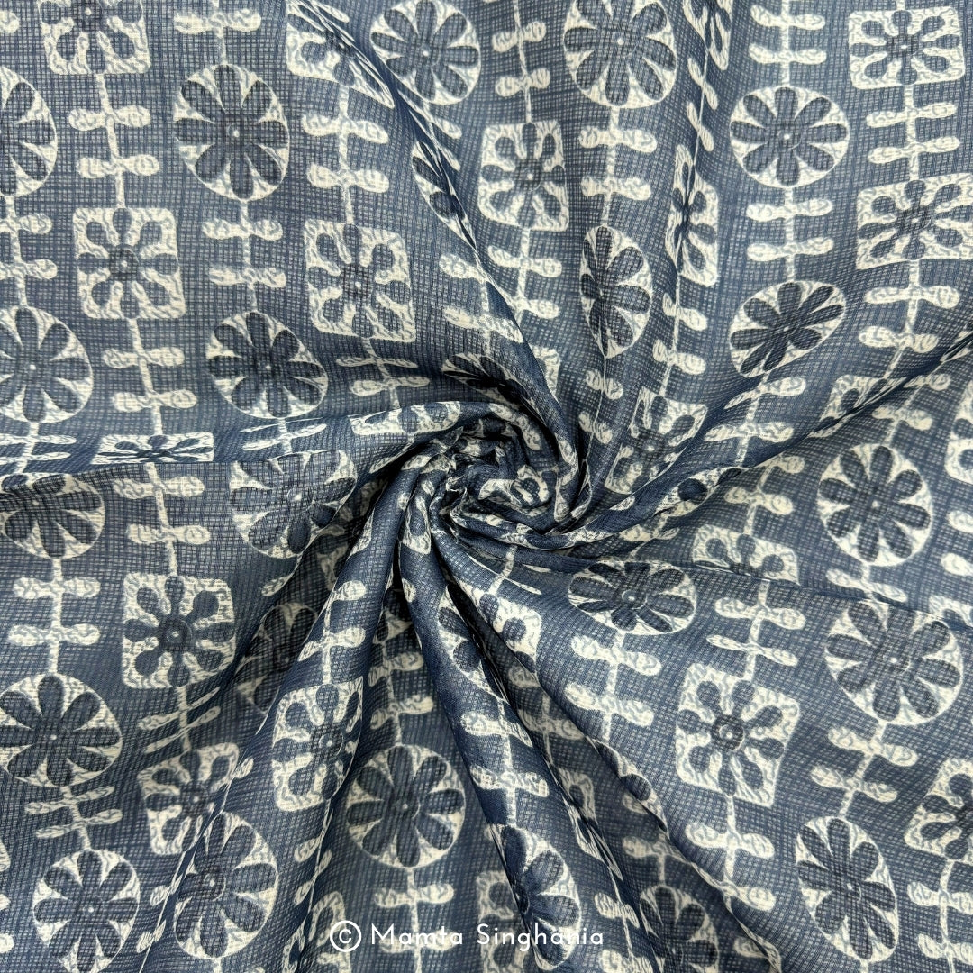 Blue Floral Printed Kota Doria Fabric